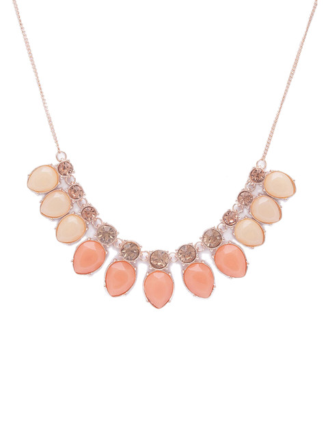 

Globus Rose Gold-Plated Peach-Colour & Beige Stone-Studded Statement Necklace
