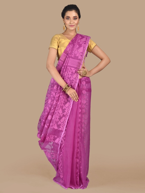 

Mitera Pink & Purple Silk Cotton Woven Design Jamdani Saree