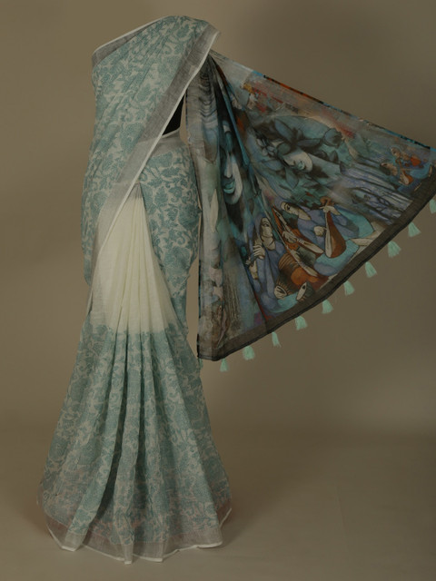 

Pothys Off-White & Blue Pure Linen Printed Saree