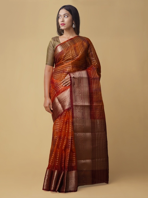 

Unnati Silks Orange & Red Silk Cotton Woven Design Banarasi Saree