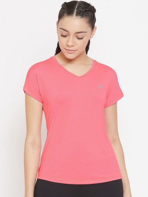 

Athleto Women Coral Pink Solid V-Neck T-shirt