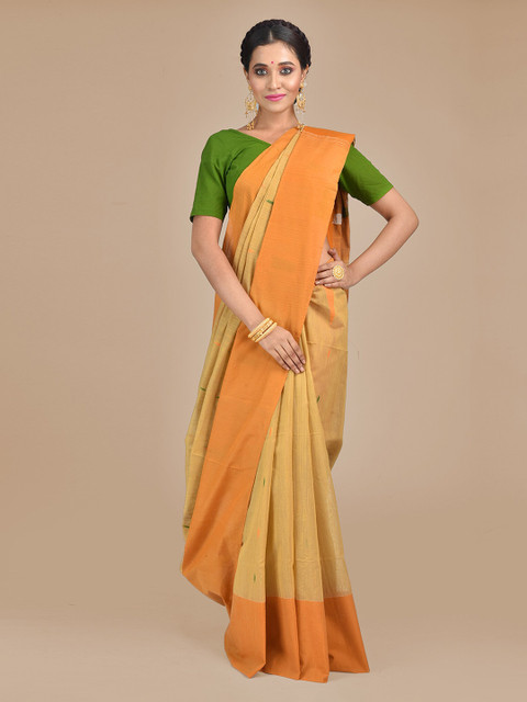 

Mitera Beige & Orange Cotton Blend Woven Design Handloom Saree
