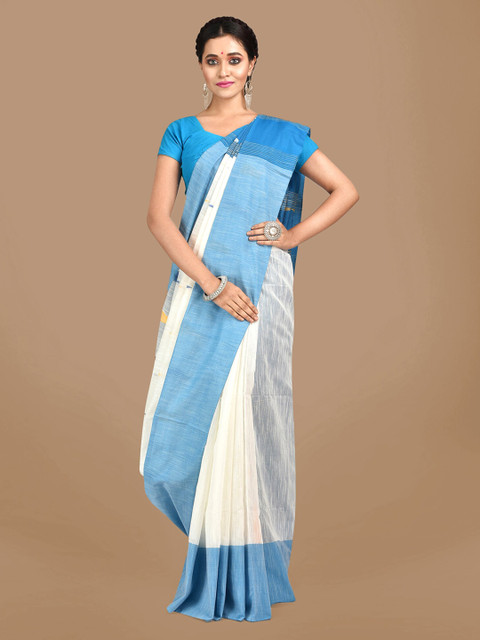 

Mitera White & Blue Cotton Blend Woven Design Saree