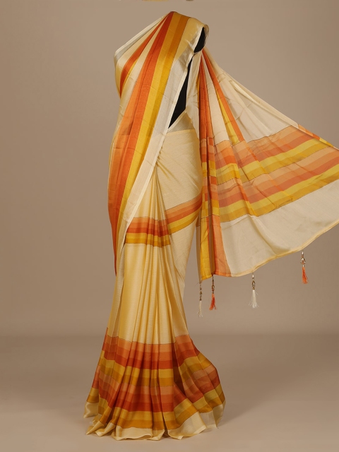 

Pothys Cream-Coloured & Orange Poly Chiffon Striped Saree