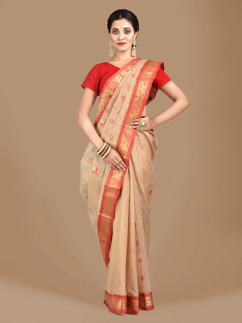 

Mitera Beige & Red Silk Blend Handwoven Design Tussar Saree