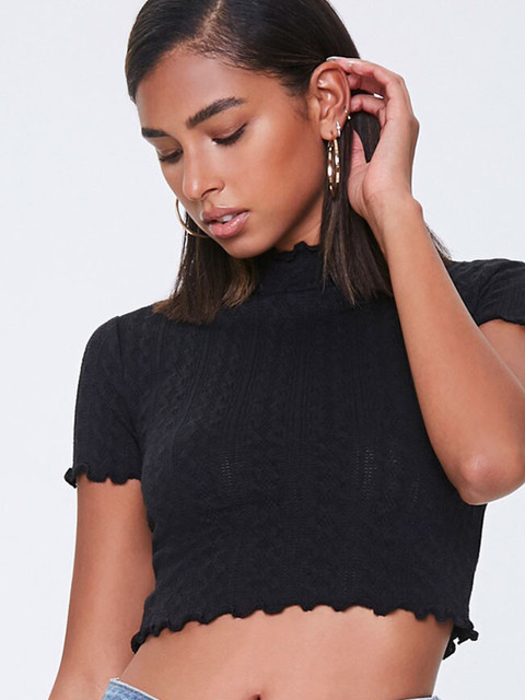 

FOREVER 21 Women Black Self Design Fitted Lettuce-Edge Crop Top
