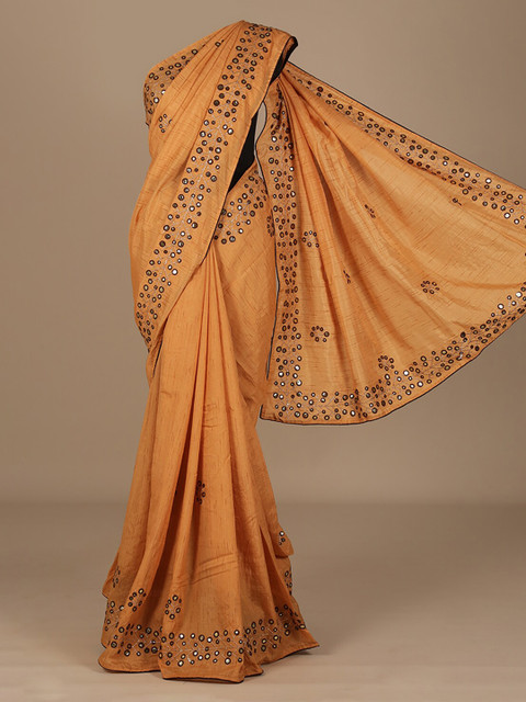 

Pothys Peach-Coloured & Black Jute Silk Mirror Work Embroidered Saree