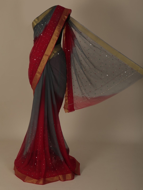 

Pothys Red & Grey Pure Georgette Embellished Saree