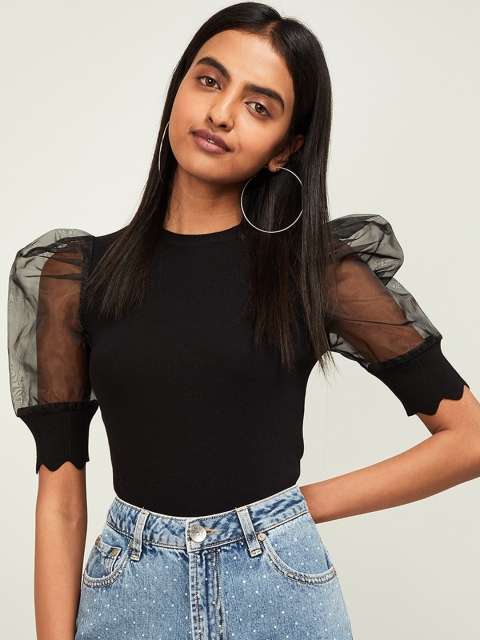 

Ginger by Lifestyle Women Black Solid Fitted Top
