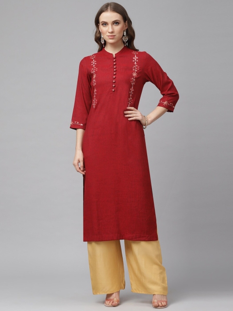 

KASSUALLY Women Maroon & White Embroidered Straight Kurta