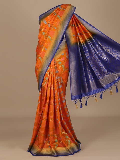 

Pothys Orange & Blue Jute Silk Printed Saree