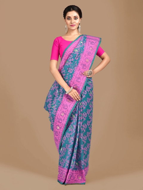 

Mitera Sea Green & Pink Pure Cotton Woven Design Jamdani Saree