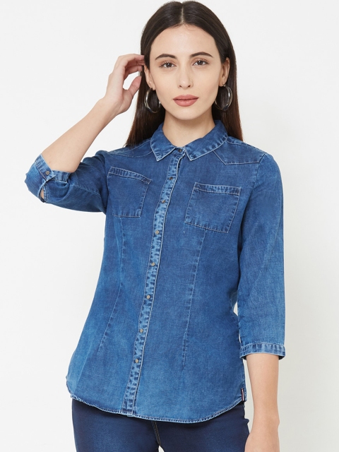 

Kraus Jeans Women Blue Regular Fit Faded Cotton Casual Denim Shirt