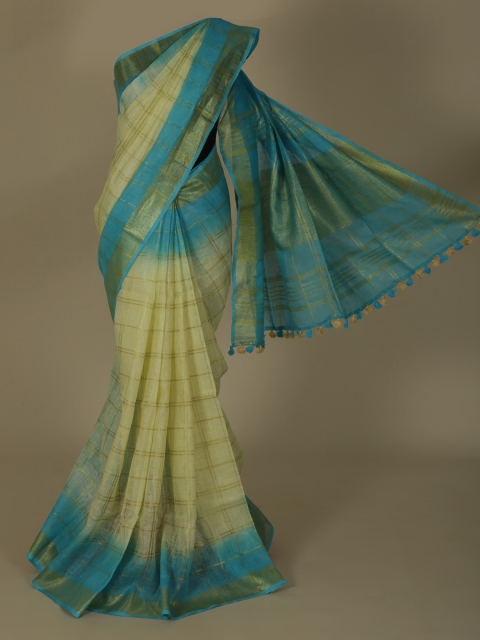 

Pothys Cream-Coloured & Turquoise Blue Pure Linen Solid Saree