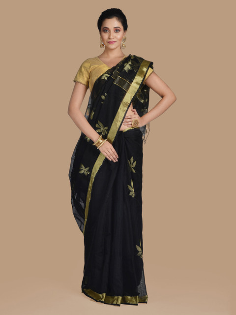 

Mitera Black & Gold-Toned Cotton Blend Woven Design Saree