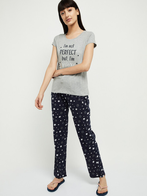 

max Women Grey & Navy Blue Printed Night Suit