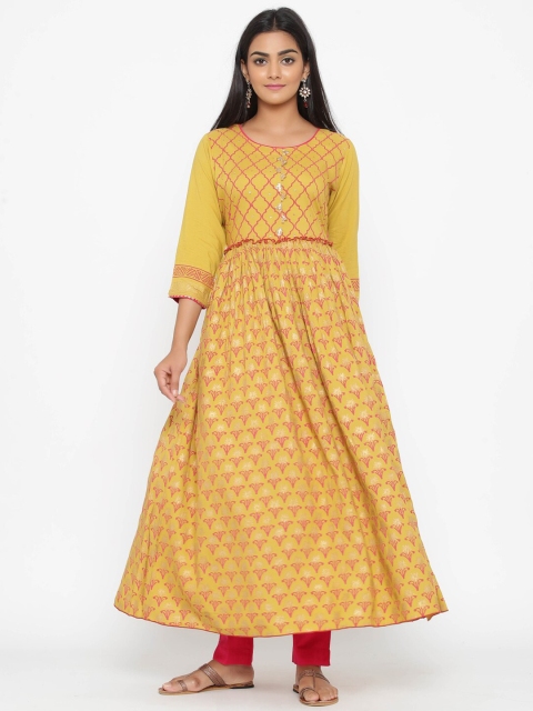 

WomenMagic Women Yellow & Pink Printed Anarkali Kurta