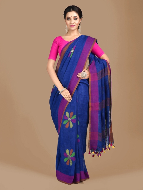 

Mitera Blue & Pink Pure Linen Printed Saree