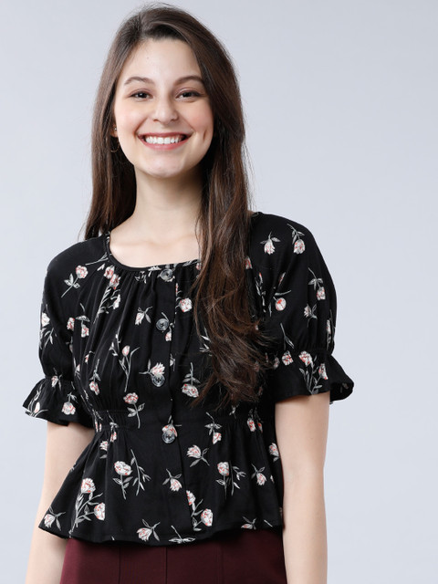 

Tokyo Talkies Women Black Printed Cinched Waist Top