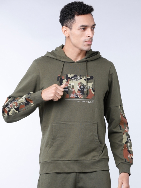 

Ecko Unltd Men Olive Green Printed Hooded Sweatshirt