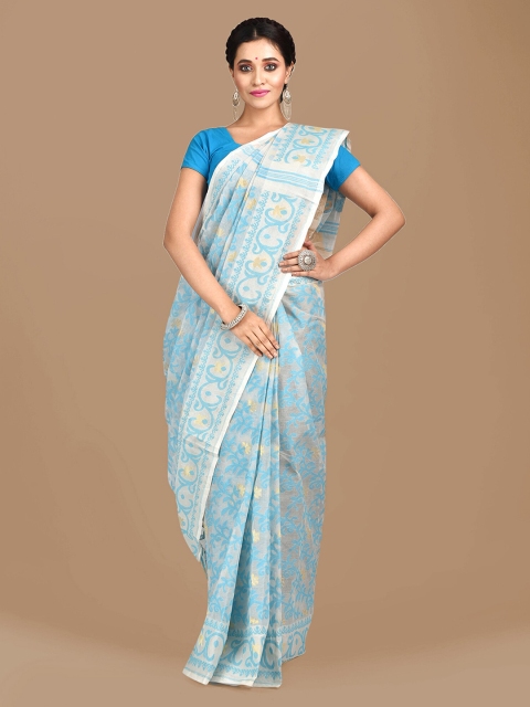 

Mitera White & Blue Pure Cotton Woven Design Jamdani Saree