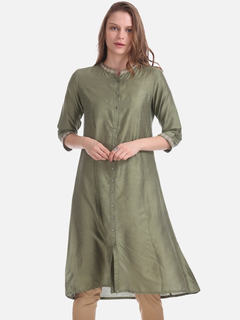 

Anahi Women Olive Green Solid A-Line Kurta