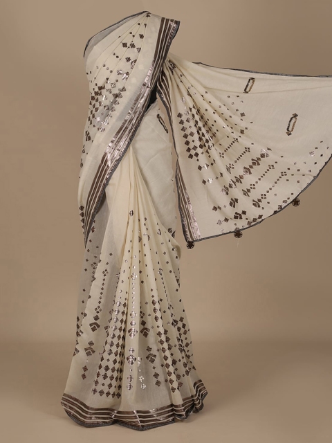 

Pothys Off-White Embellished Linen Blend Saree
