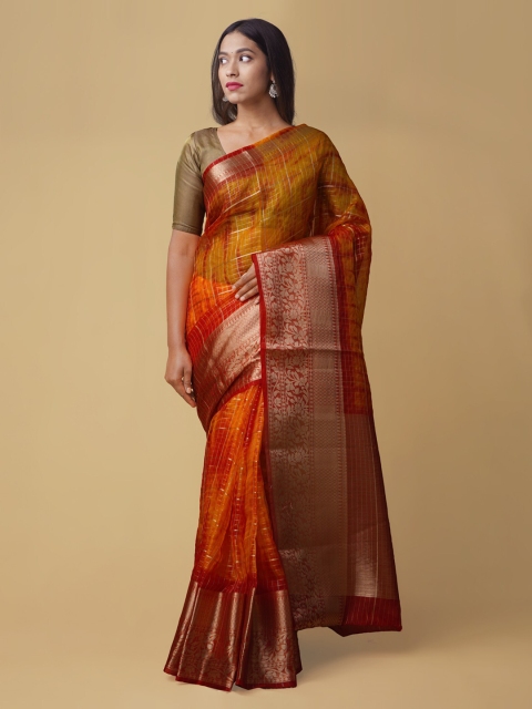

Unnati Silks Orange Silk Cotton Checked Banarasi Saree