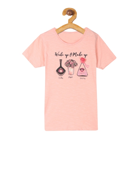 

Cherokee Girls Peach-Coloured Printed V-Neck T-shirt