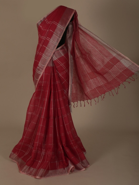 

Pothys Maroon Checked Pure Linen Saree