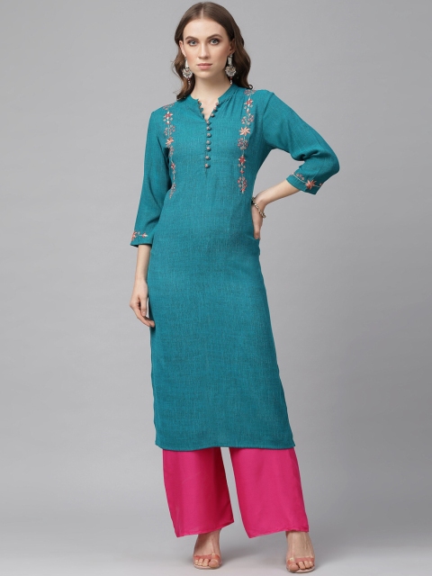 

KASSUALLY Women Blue Solid Straight Kurta