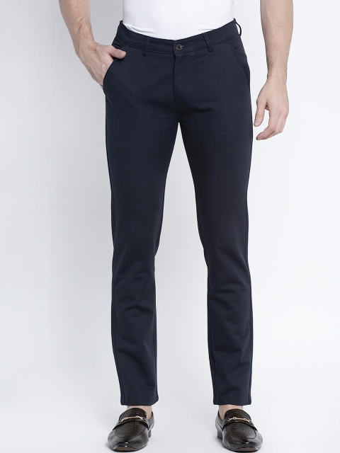 Rodamo Men Navy Blue Slim Fit Solid Regular Trousers