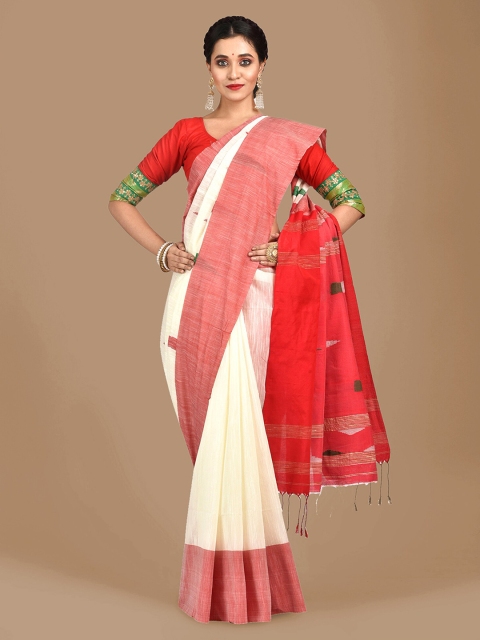 

Mitera White & Red Cotton Blend Woven Design Handloom Saree