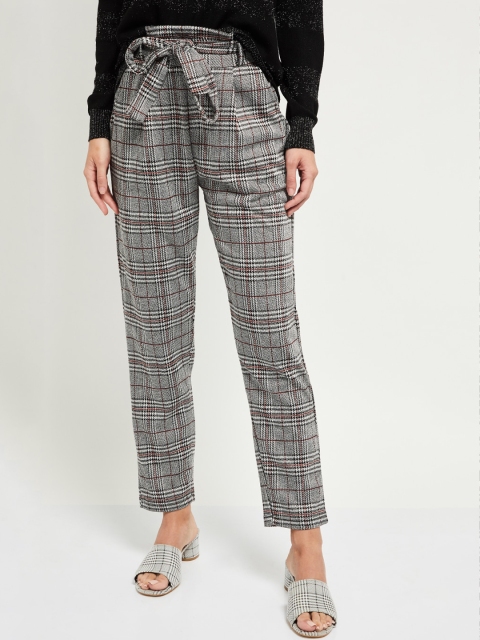 

max Women White & Grey Regular Fit Checked Peg Trousers