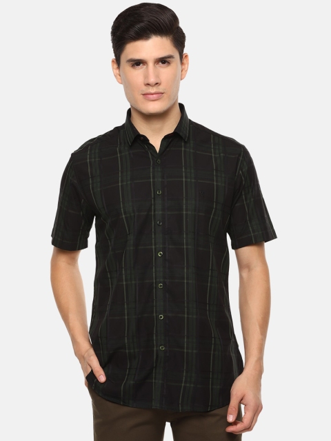 V Dot Men Black & Green Slim Fit Checked Casual Shirt