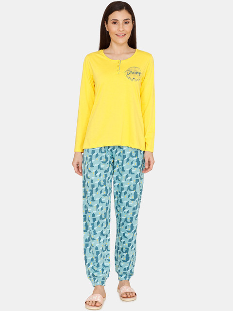 

Zivame Women Yellow & Teal Blue Printed Night Suit