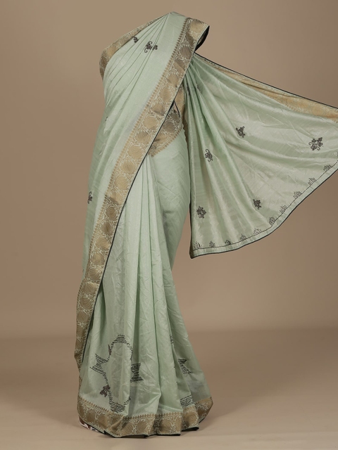 

Pothys Green & Gold-Toned Jute Silk Woven Design Saree