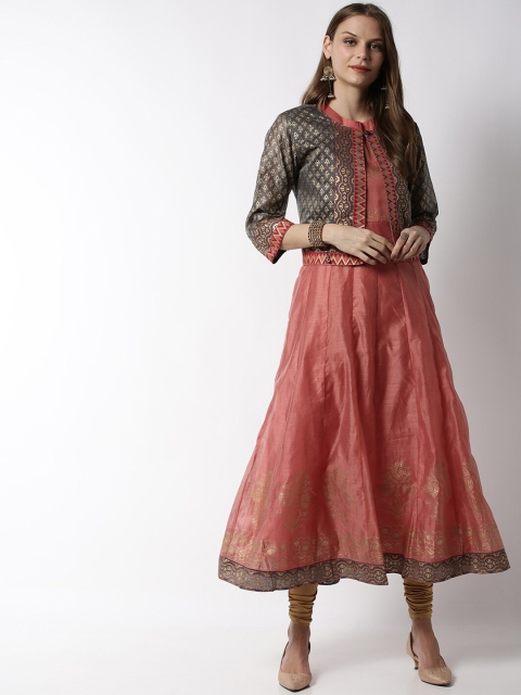 

Soch Women Coral & Grey Printed A-Line Kurta