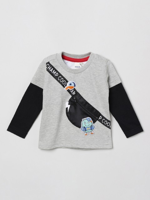 

max Boys Grey Printed V-Neck T-shirt