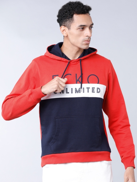 

Ecko Unltd Men Red & Navy Blue Colourblocked Hooded Sweatshirt
