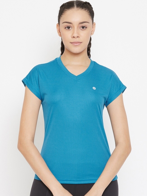 Athleto Women Blue Solid V-Neck T-shirt