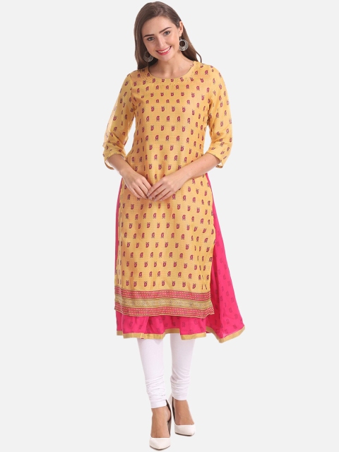 

Anahi Women Yellow & Pink Embroidered A-Line Kurta
