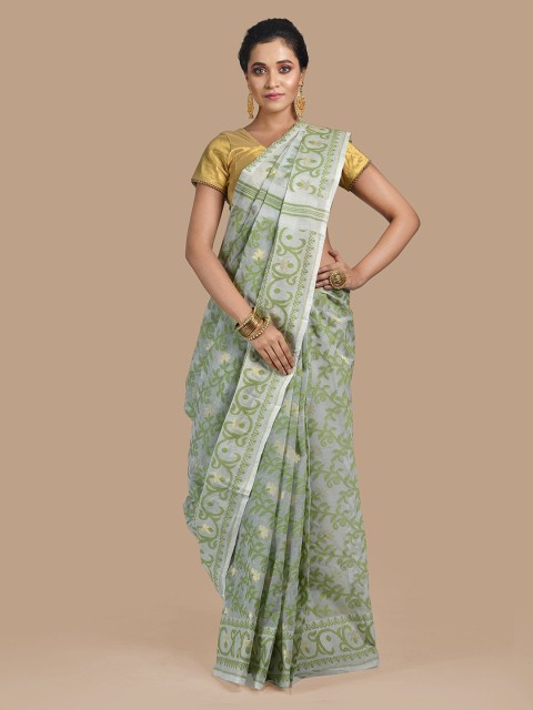 

Mitera Off-White & Green Pure Cotton Printed Jamdani Saree