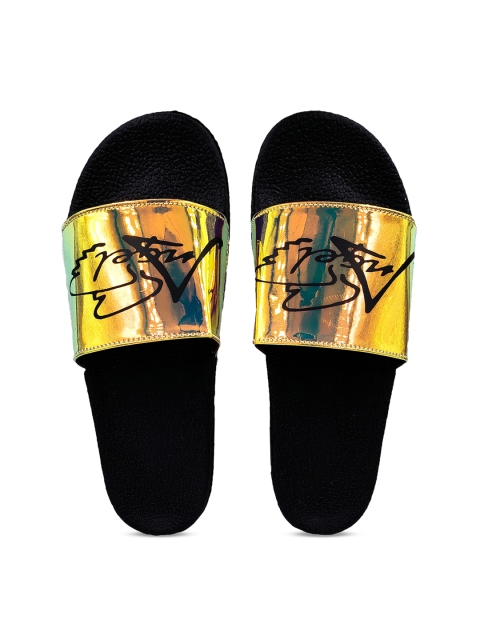 

Pampy Angel Women Black & Gold-Toned Printed Sliders