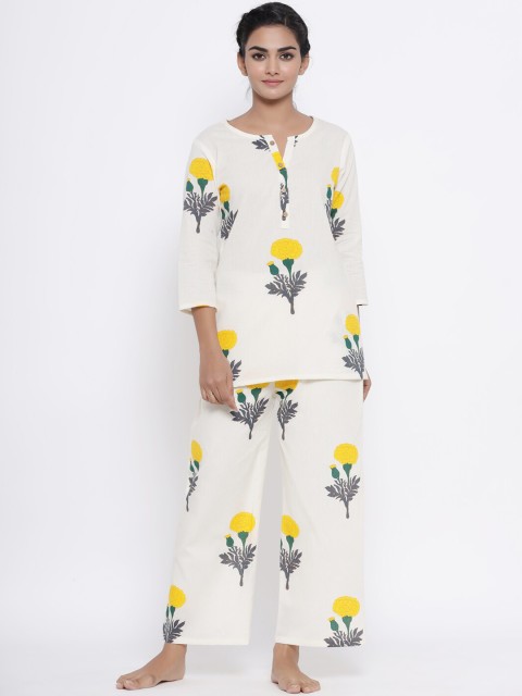 

Fabriko Women White & Yellow Printed Night suit