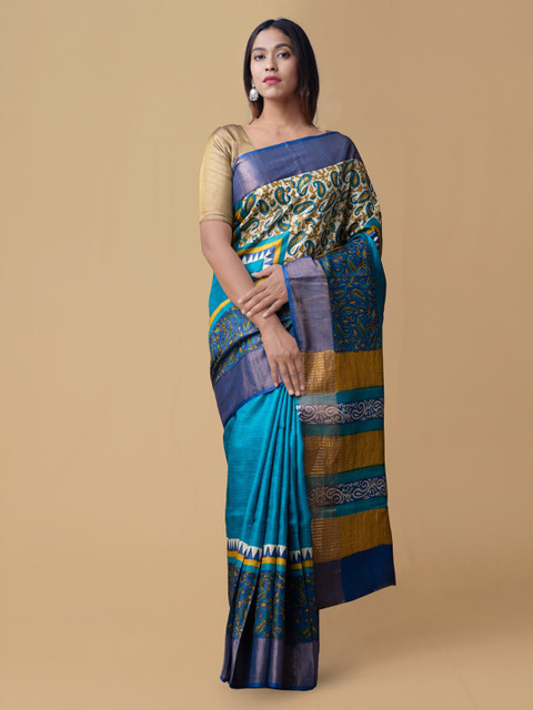 

Unnati Silks Blue Pure Silk Printed Handloom Tussar Saree