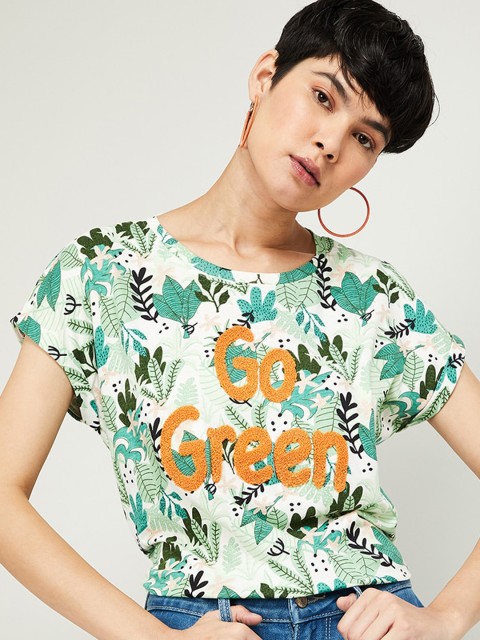 

Ginger by Lifestyle Women Green Printed Round Neck T-shirt