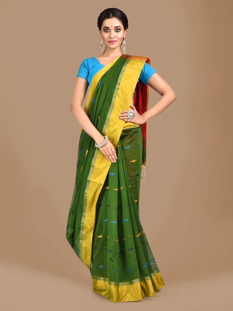 

Mitera Green & Gold-Coloured Cotton Blend Colourblocked Handloom Saree
