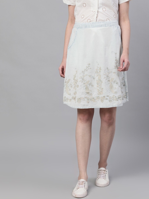

Ishin Women Blue Embroidered Denim A-Line Skirt