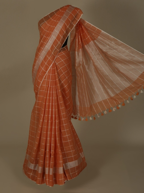 

Pothys Orange & Silver-Toned Pure Linen Checked Saree
